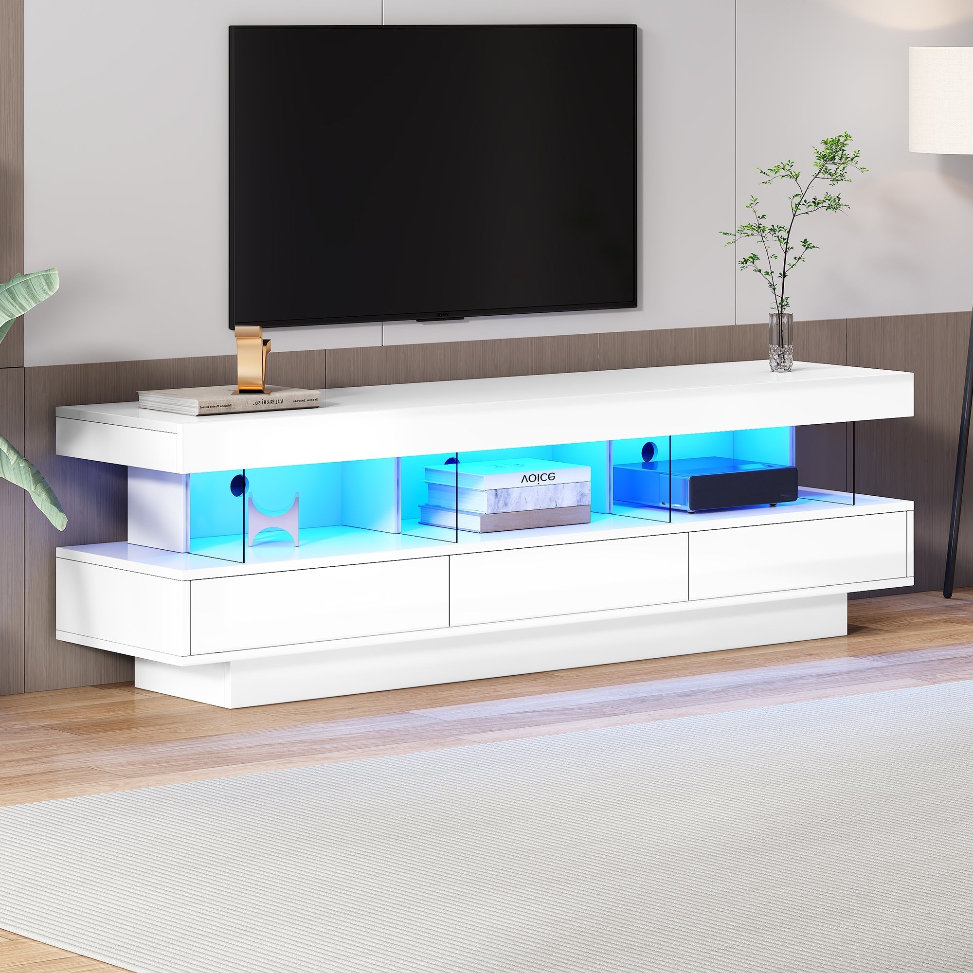 TV Stand Cabinet with LED Lights, 160CM High Gloss, 3 Drawers, 3 Open Storage Space, White