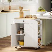 Kitchen Island Kitchen Trolley on Wheels with Worktop, Drawer, Cabinet, Spice Rack, Towel Rail, White
