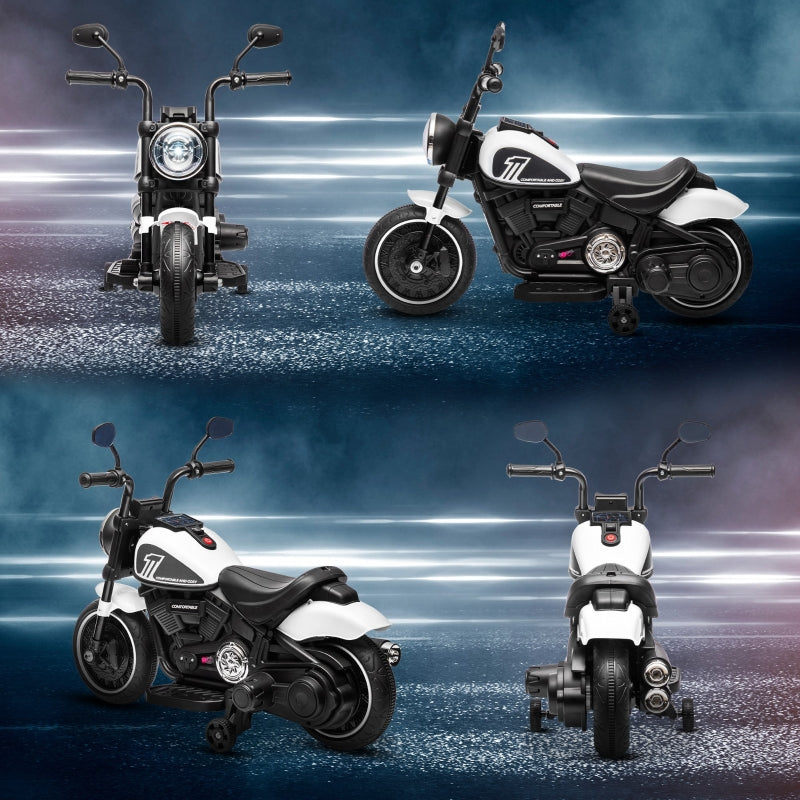 Electric Children's Motorcycle with LED Headlights and Removable Training Wheels, Black and White