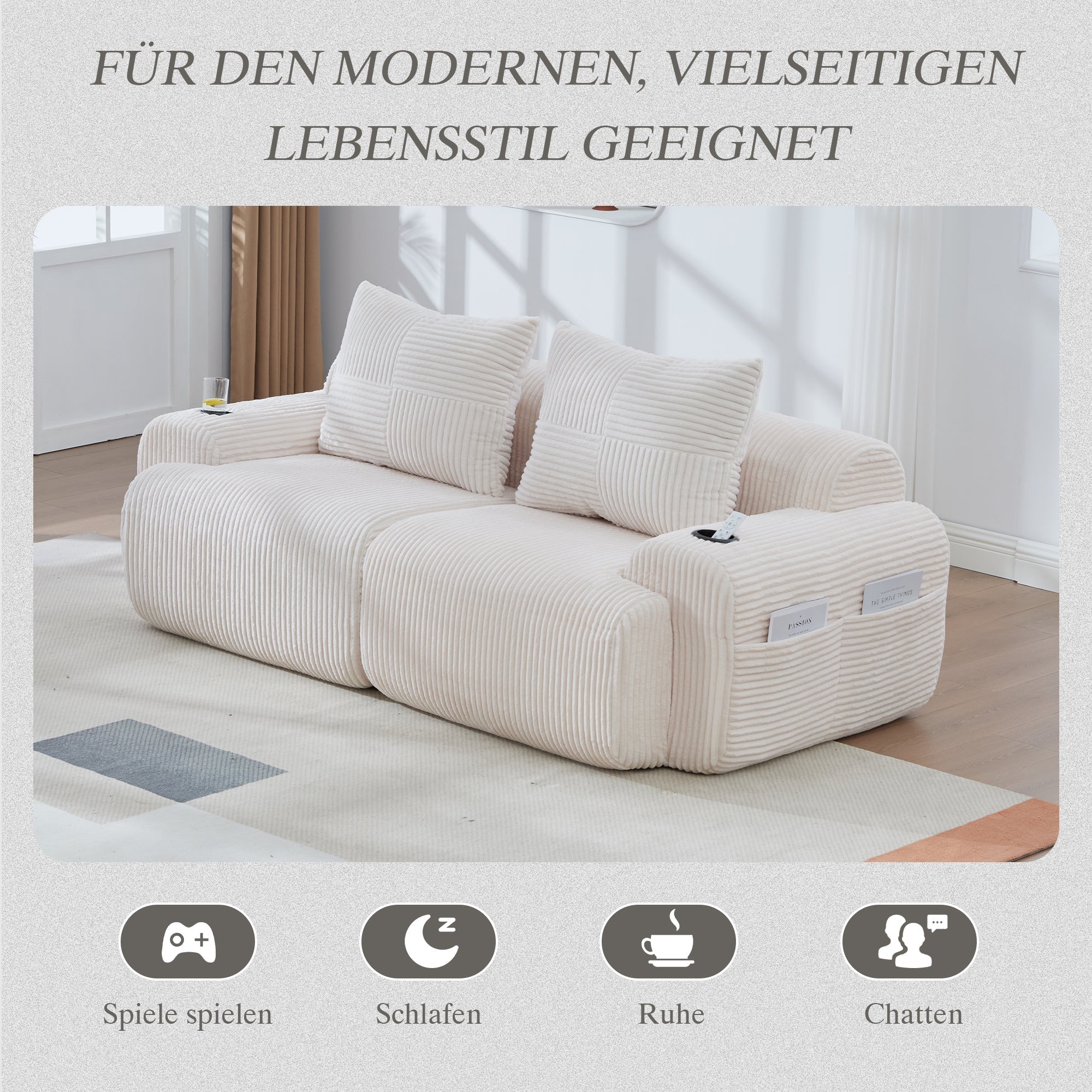 Modular 2-Seater Sofa with Cup Holder and Side Storage Pocket, Beige Corduroy