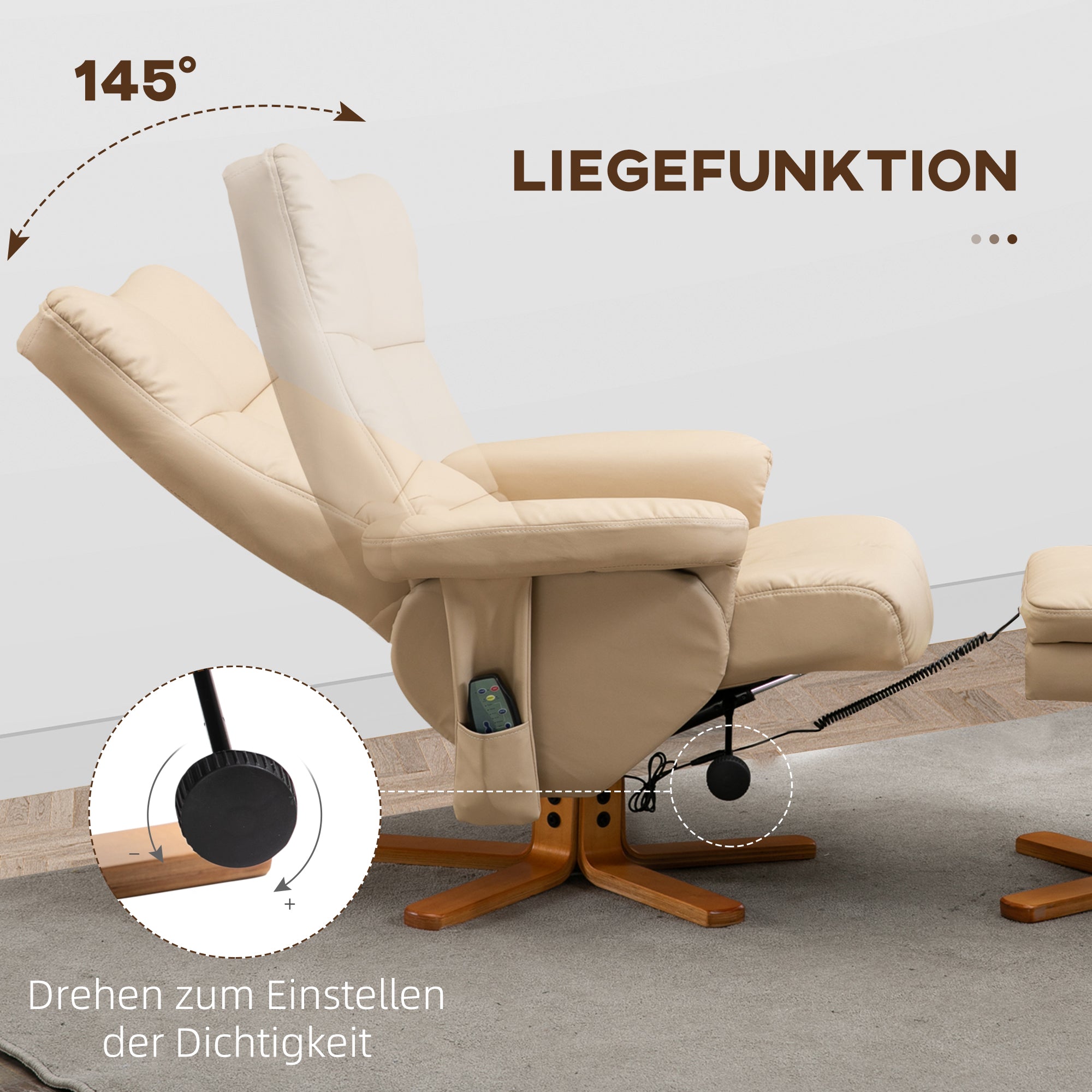 Reclining Massage Chair with Footstool, Storage, 145° Tilt, Polyester Cream White