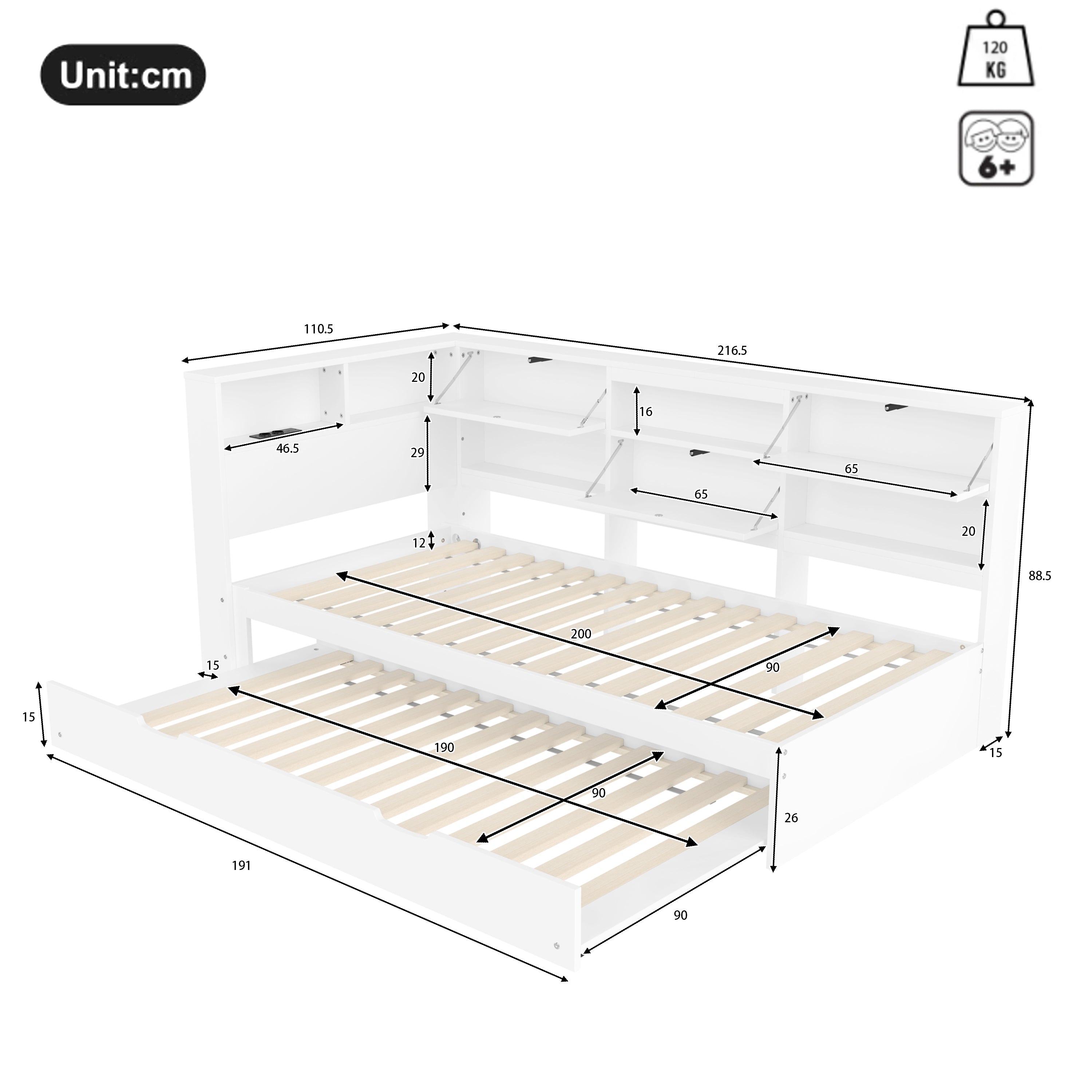Daybed Sofa Bed with 90x200cm Storage Headboard and Extendable Bed, White