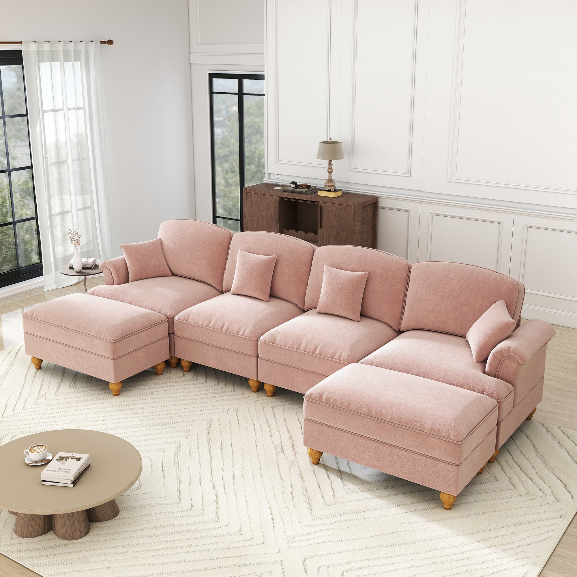 U-shaped Modular Sofa 4-Seater Chenille with Ottoman - Pink