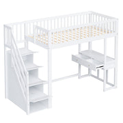 Loft Bed with Multifunctional Table and Storage Stairs, 90x200cm, White Pine Wood
