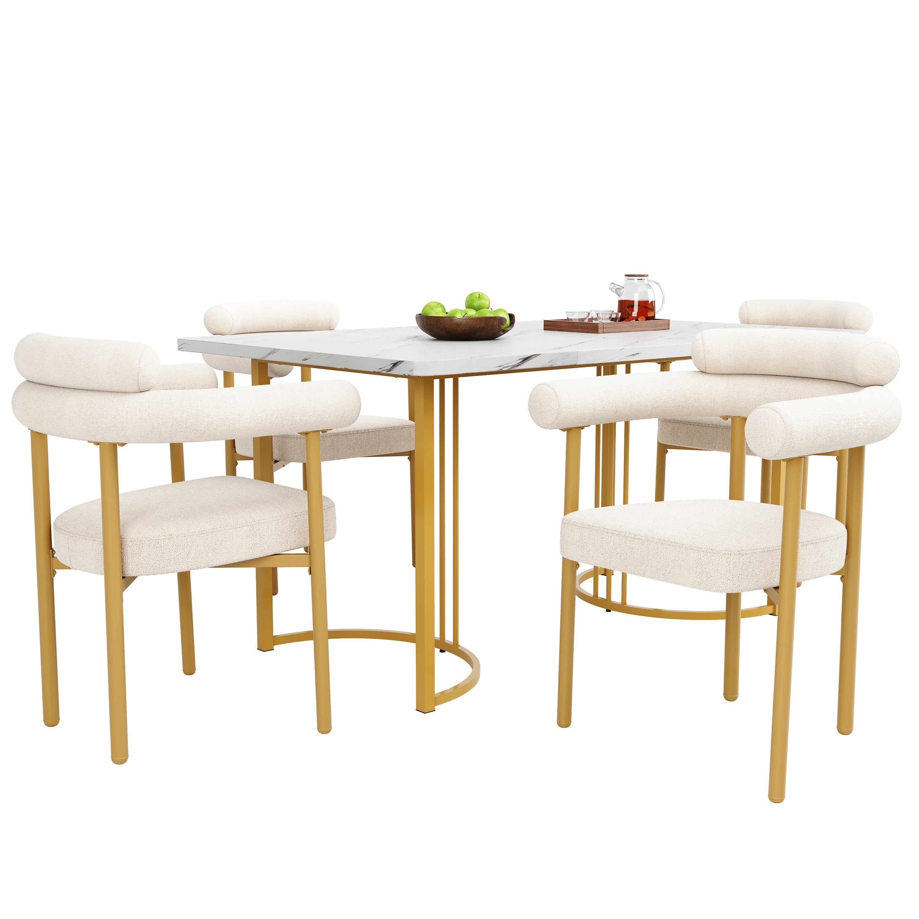 Dining Set 5-Piece Metal Leg Table 4 Hollow Armchairs - Gold Suede Fabric