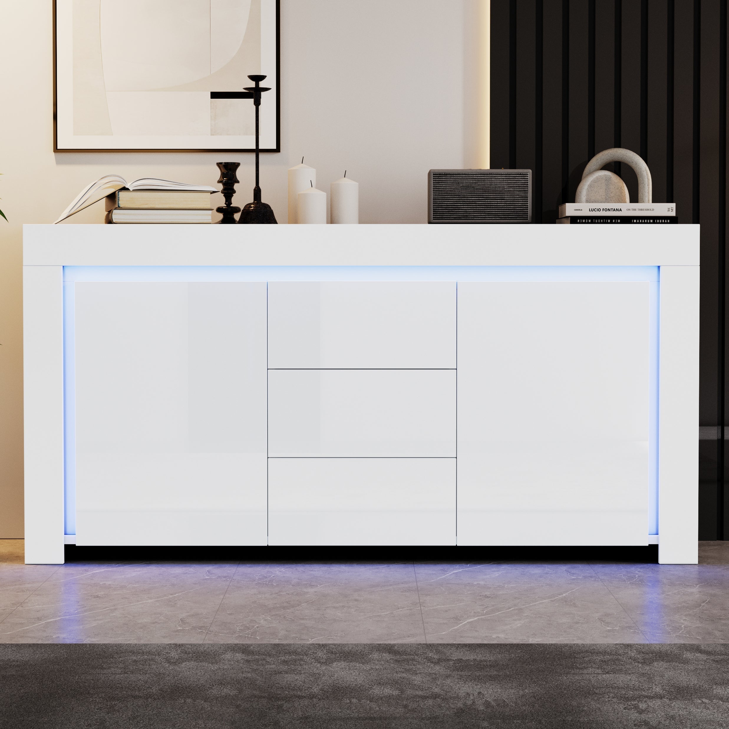 Living Room Cabinet 140cm 3 Drawers 2 Doors LED High-Gloss White