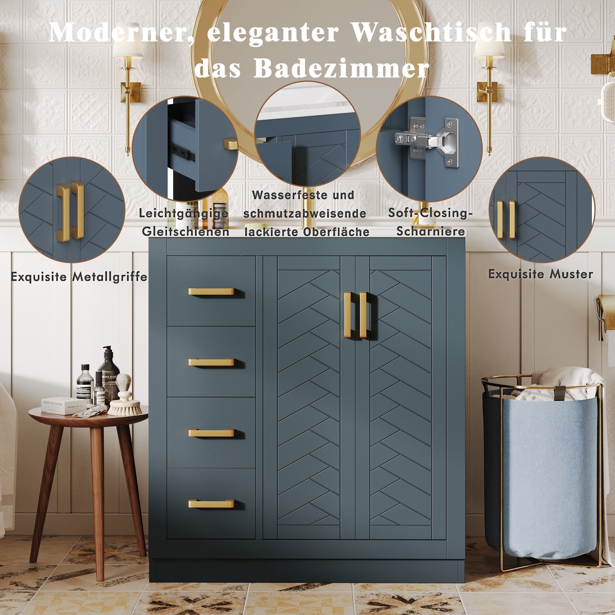 Bathroom Vanity Unit with Ceramic Sink and 3 Drawers, Blue