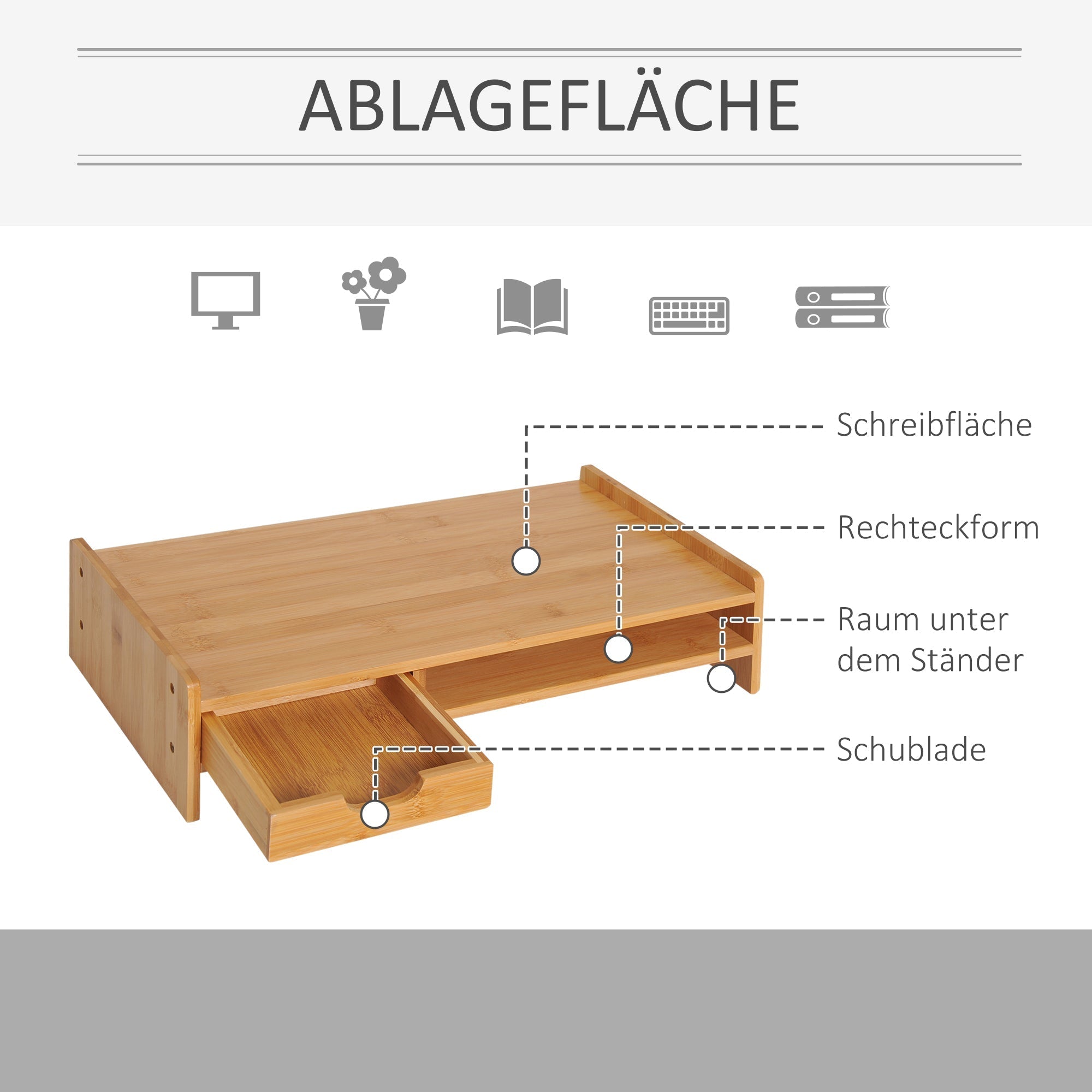 Monitor Stand Screen Desk Organizer with Drawers, Natural Bamboo