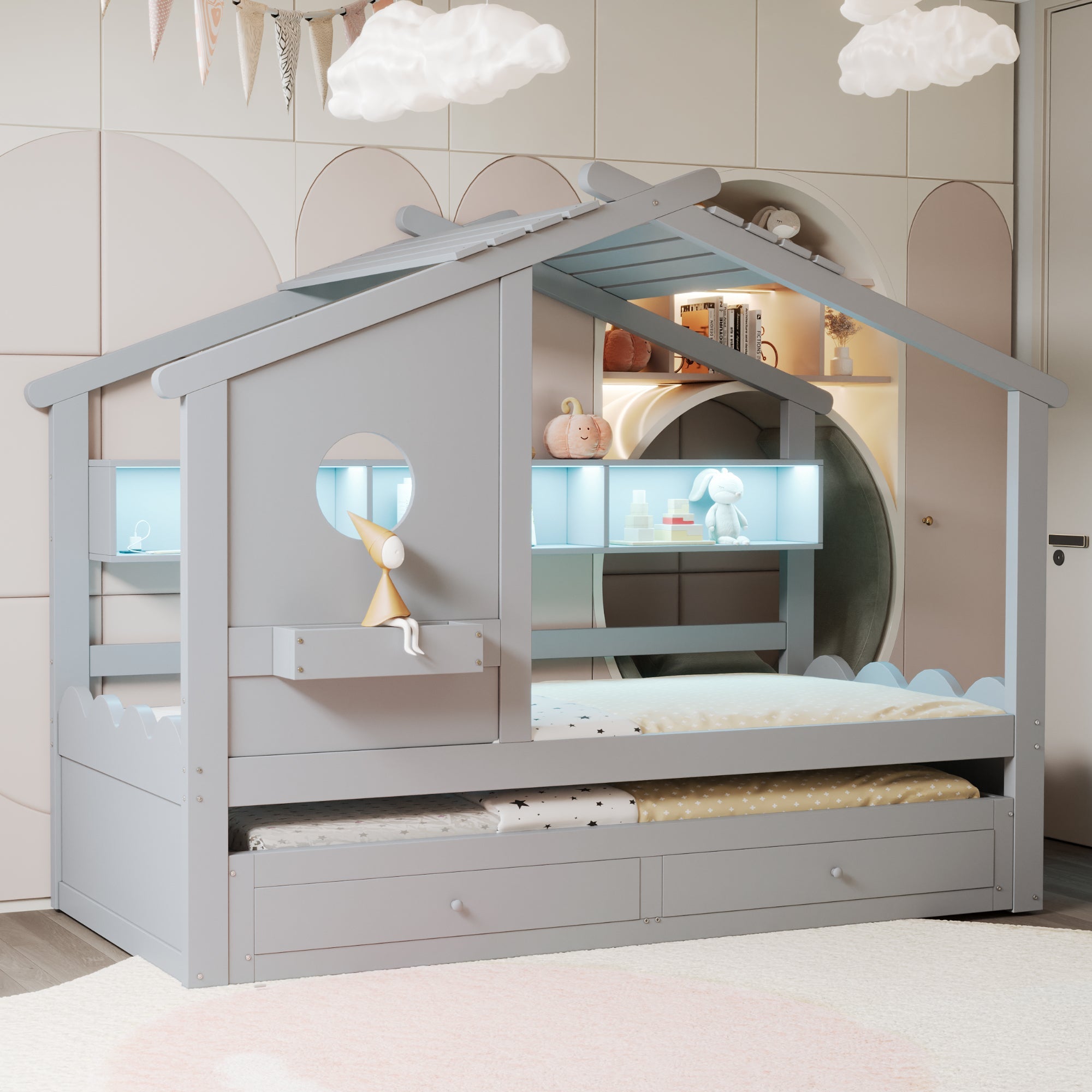 Children's Bed with Pull-out Bed, House Design, Two Drawers, LED and USB, 90x200cm, Grey