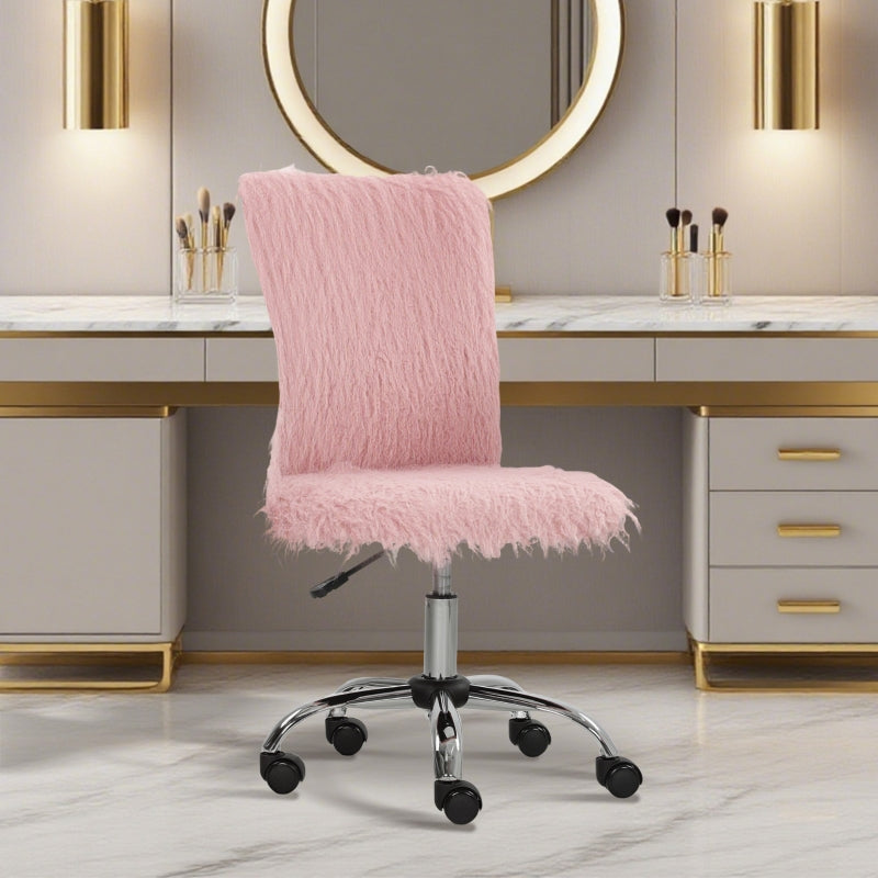 Plush Office Desk Chair Armless Swivel Adjustable Height Pink