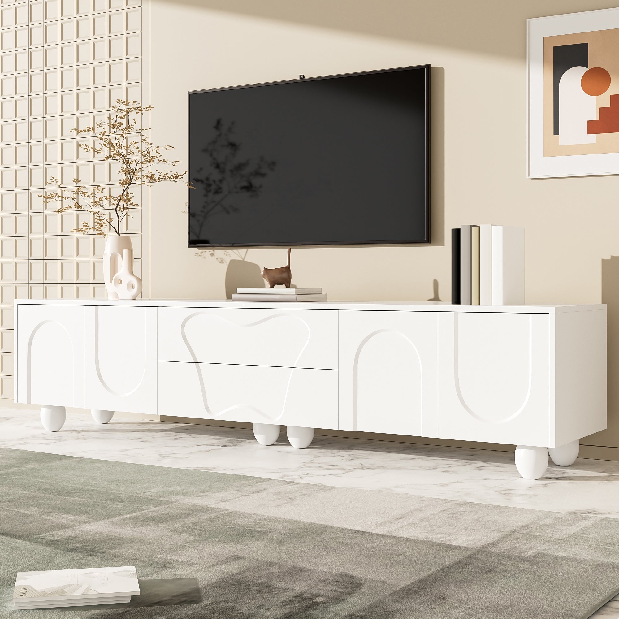 TV Cabinet, Minimalist Elegant with Storage, Wooden Legs White