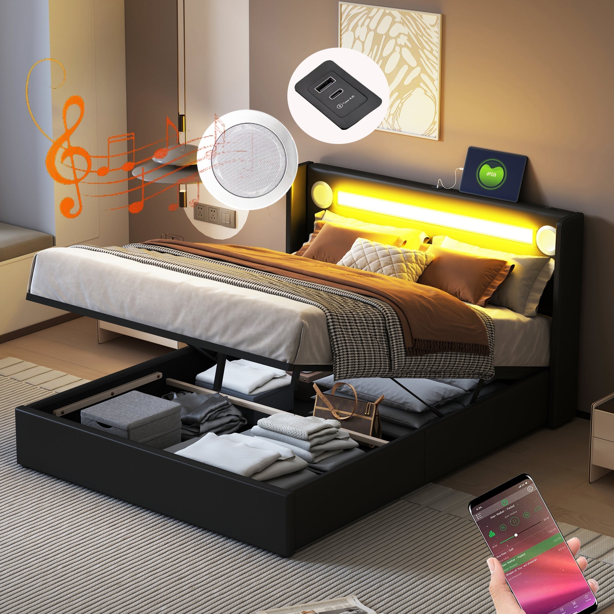 Upholstered Bed, 140x200 LED, Bluetooth & USB, PU Leather Black
