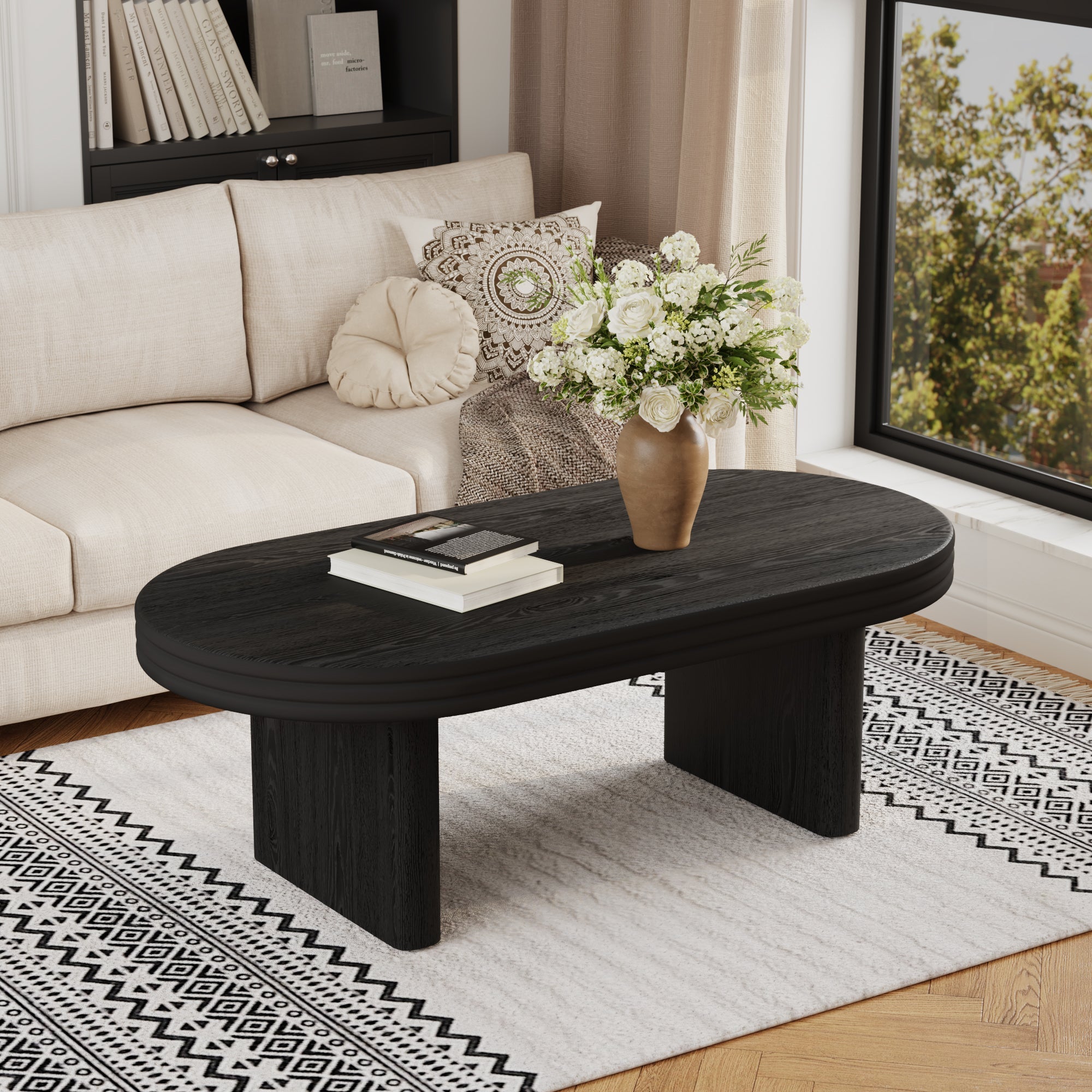 Mid Century Modern Oval Fluted Coffee Table Rustic Wood - Black