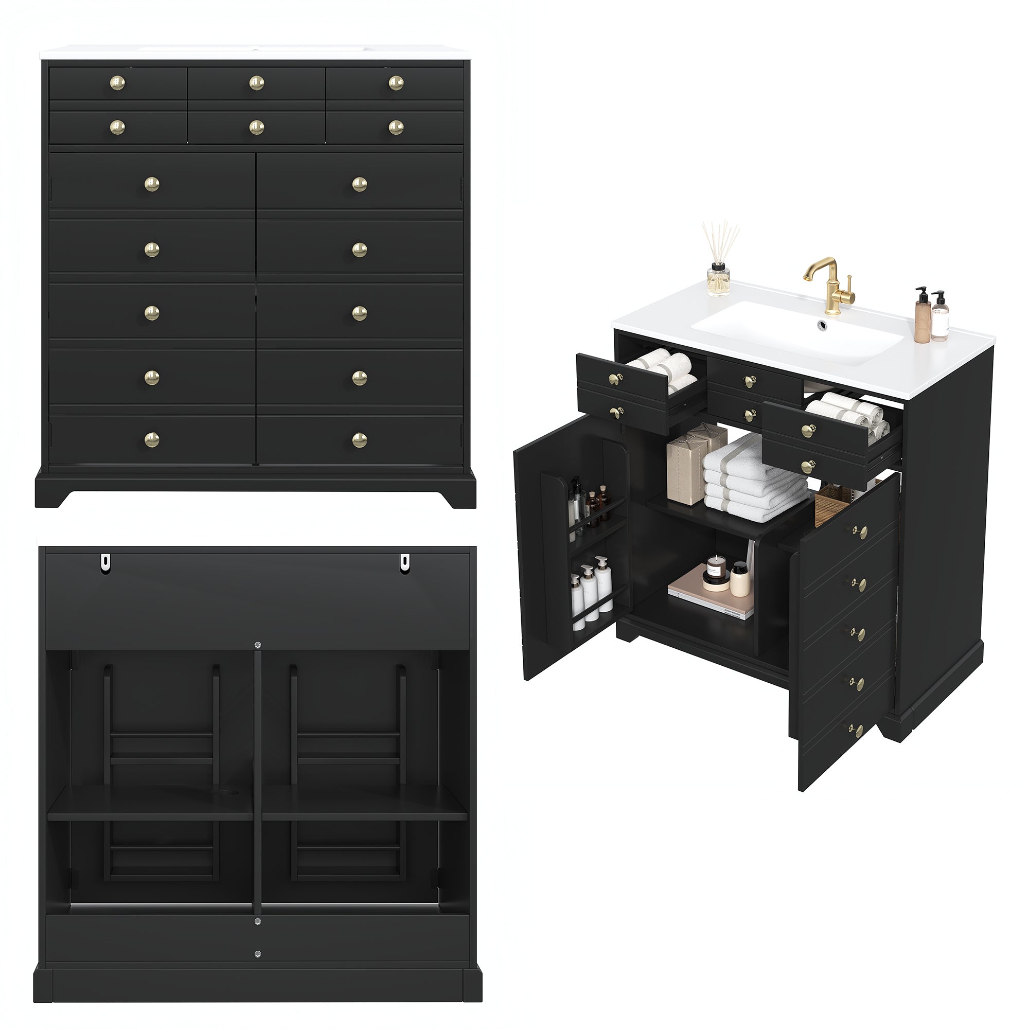 Bathroom Vanity Unit with Ceramic Sink and Storage Drawers, Black and Gold