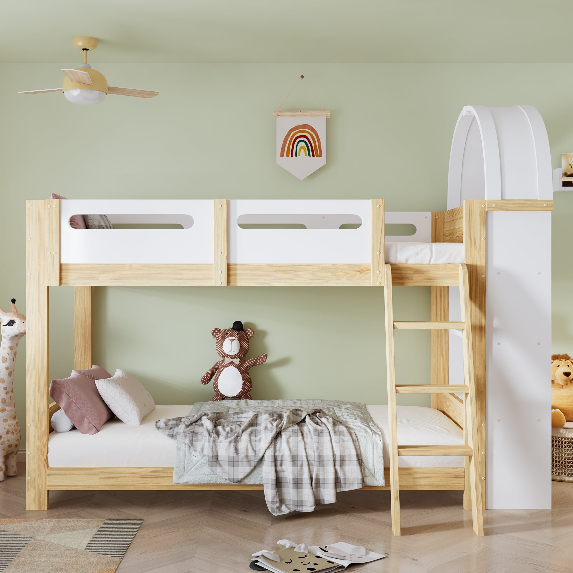Bunk Bed 90x200cm 3-Tier Shelf Ladder Slatted Base - White/Natural Pine