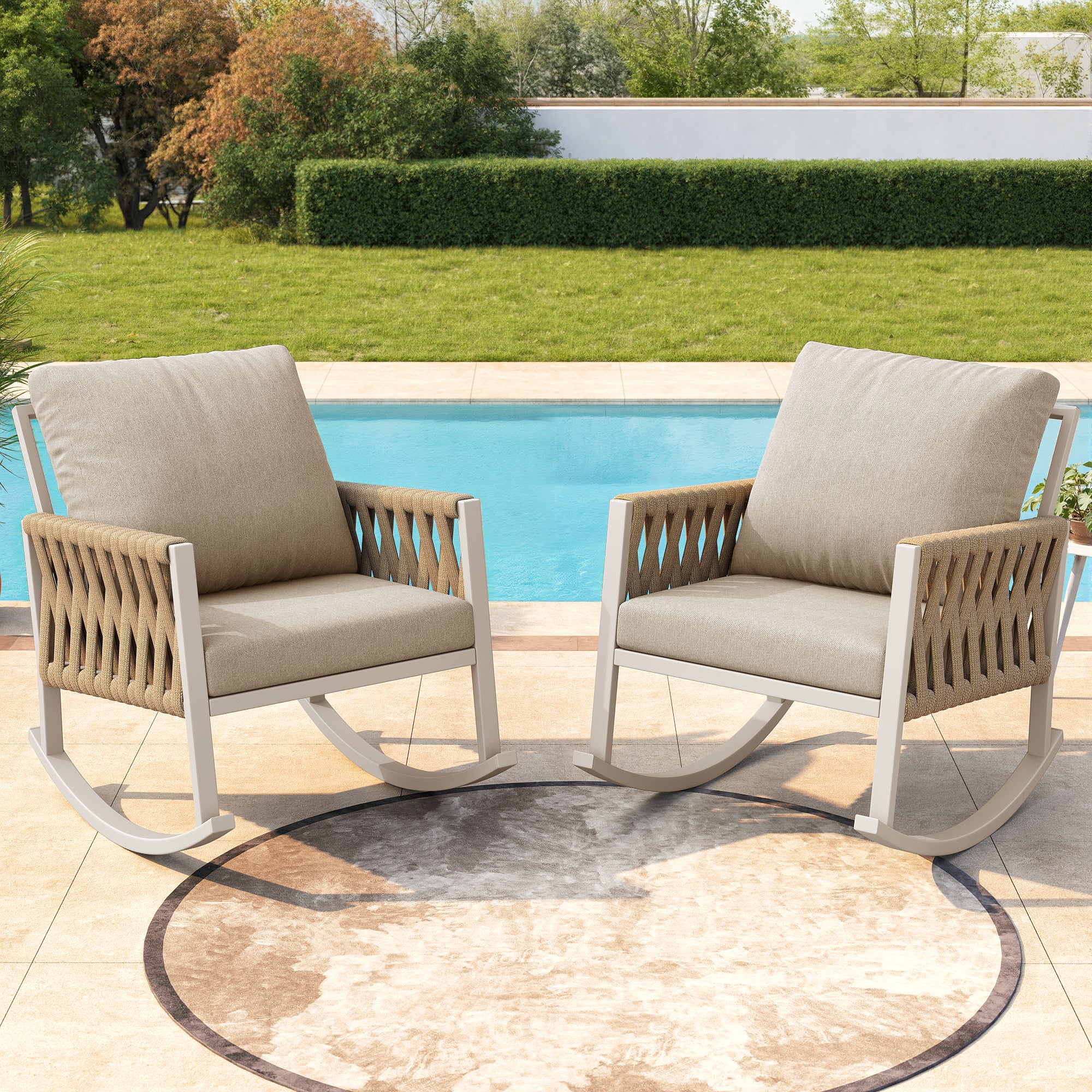 Outdoor Rocking Chair with Cross-Rope Weaving and Cushions, Weatherproof Metal Frame