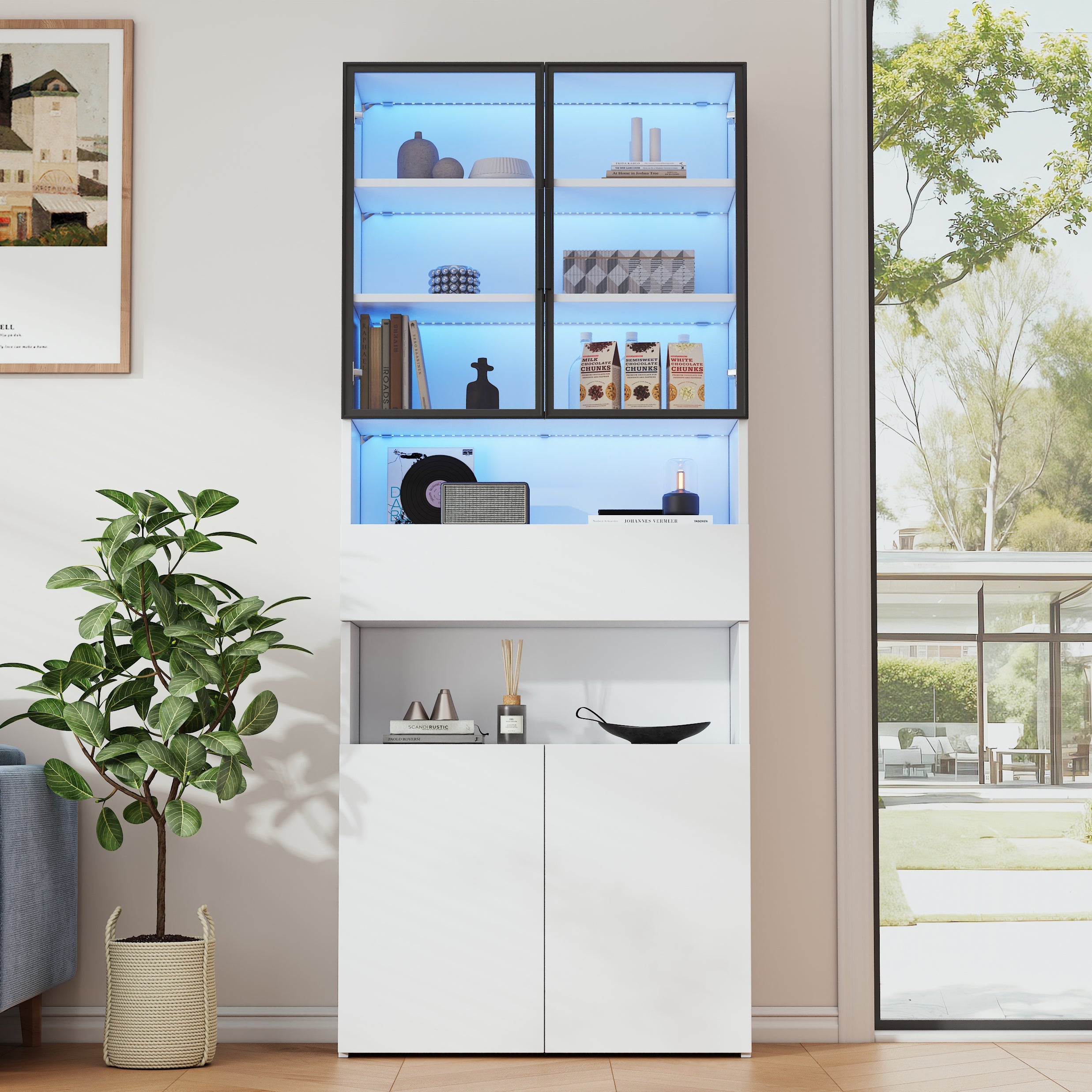 Display Cabinet with Drawers, Glass Doors & LED Lighting, 70x30x200cm, White