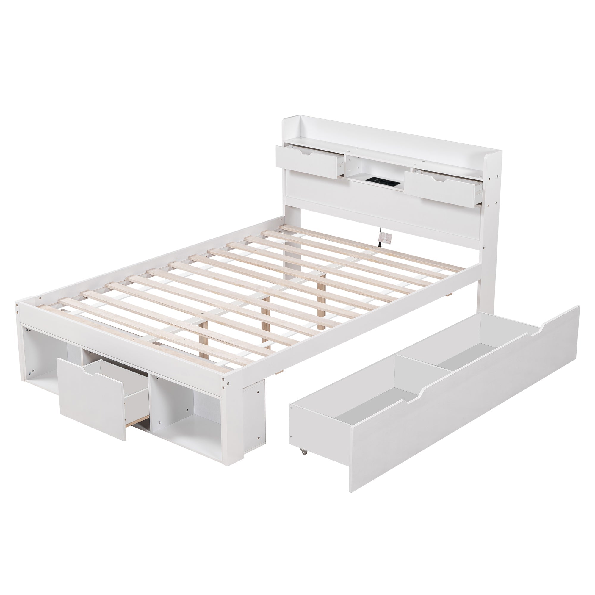 Double Bed 180x200cm with USB Port, Drawers and Storage Cabinet, White