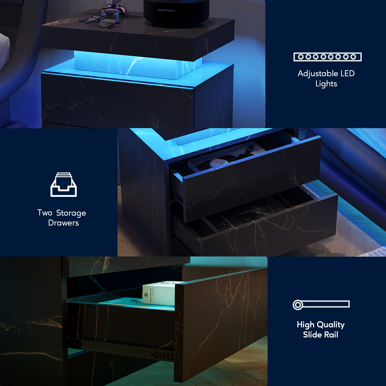 Nightstand with LED Bedside Table Cabinet Lights and 2 Drawers, Black Gold
