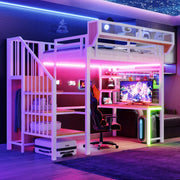 Metal Loft Bed with Desk, Shelf, LED and Socket, 90x200cm, White Metal