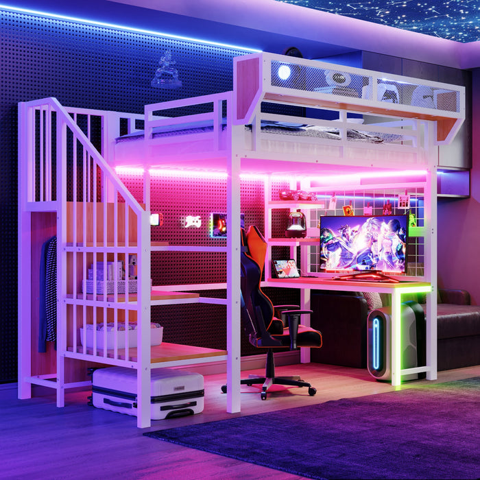 Metal Loft Bed with Desk, Shelf, LED and Socket, 90x200cm, White Metal