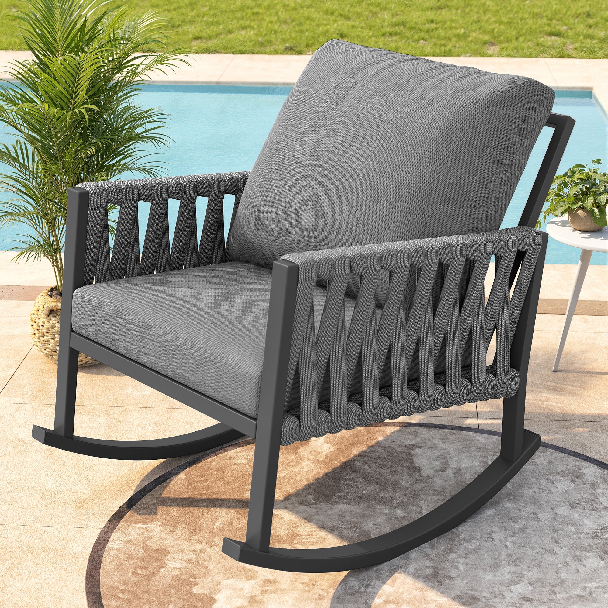 Outdoor Rocking Chair with Cross-Rope Weaving and Weatherproof Metal Frame, Metal and Rope