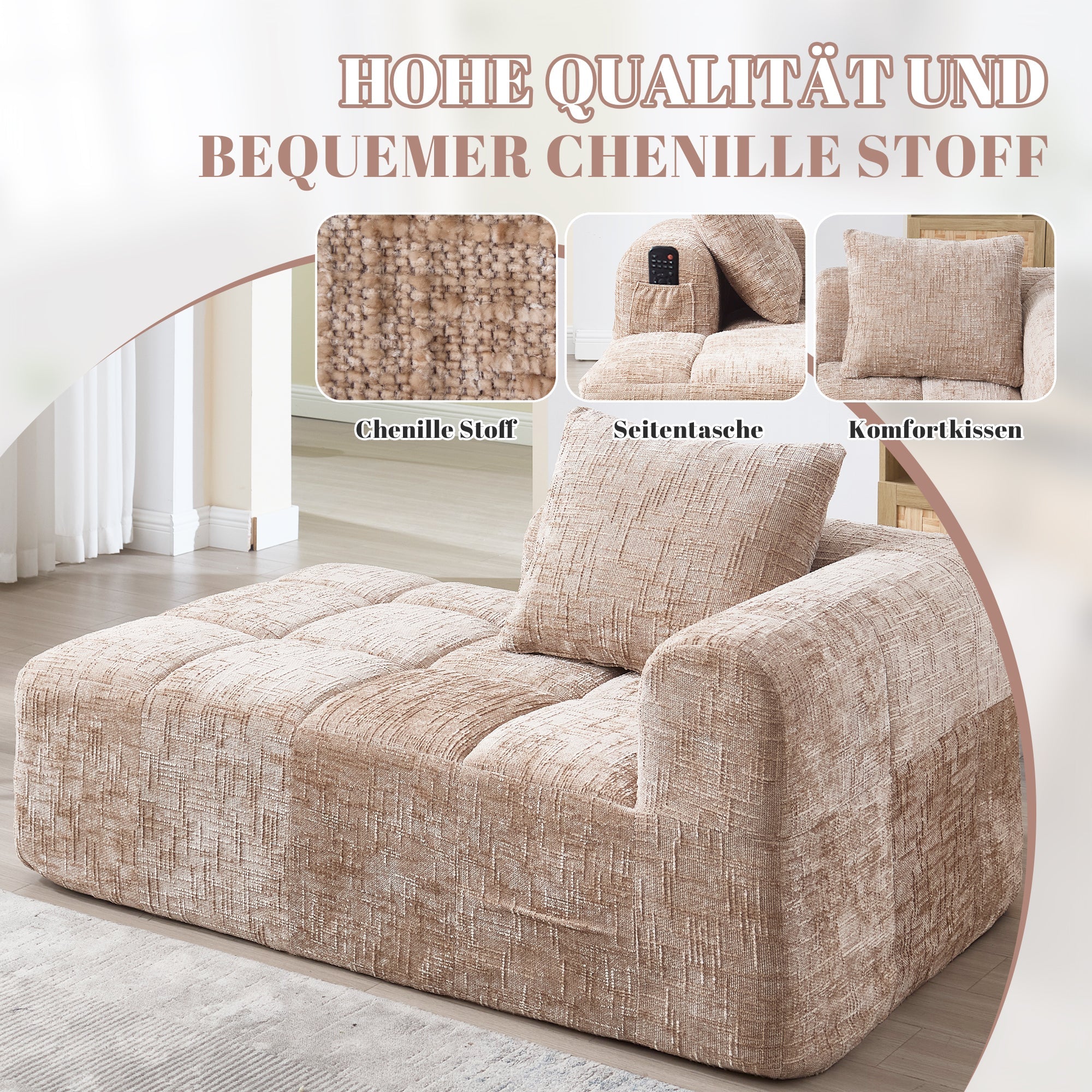 Chaise Longue Sofa, Soft Cushions Side Pockets, Khaki