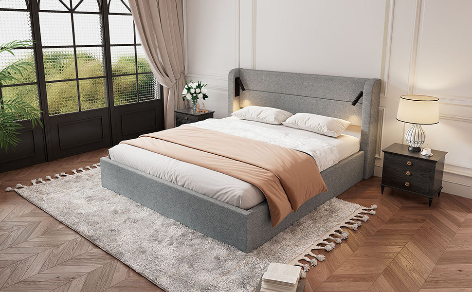 Upholstered Double Storage Bed with Mood Lighting, 160x200cm, Grey Chenille