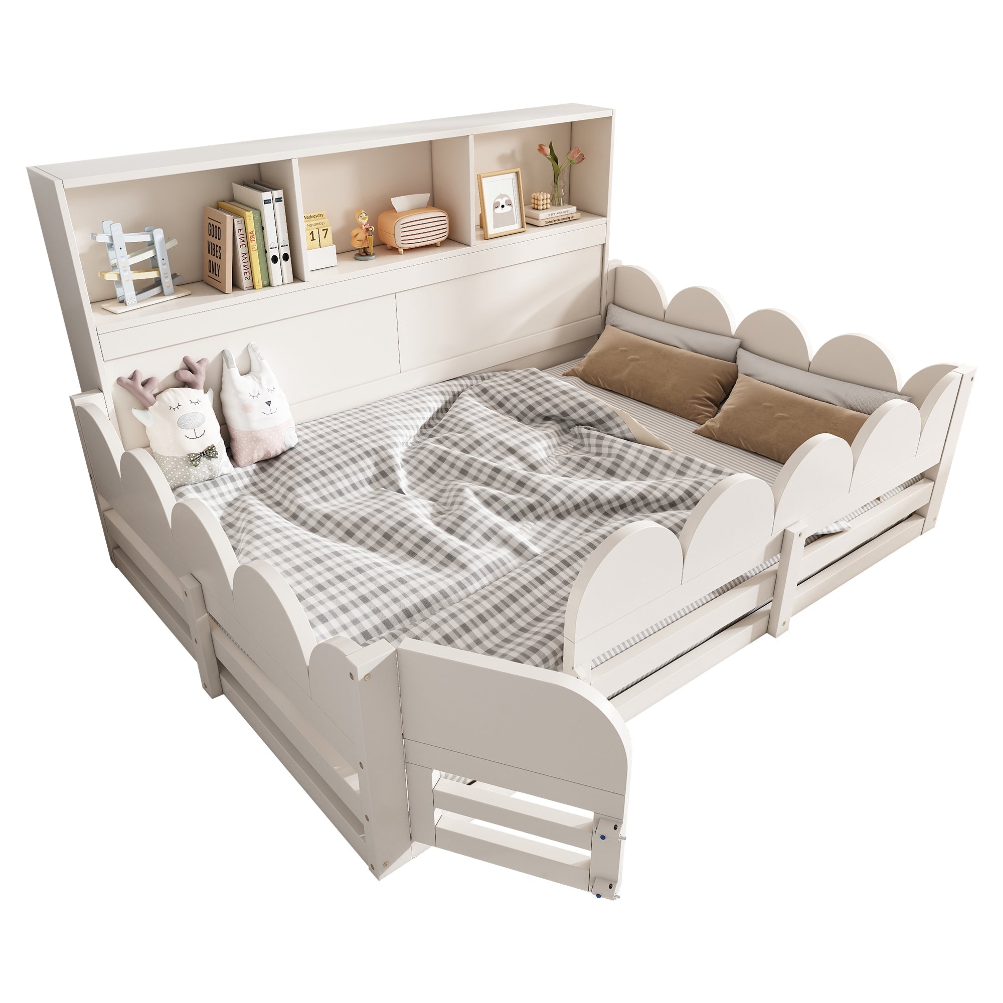 Children's Floor Bed with Fall Protection, Door, Slatted Base and Shelf, 140x200cm, White Wood