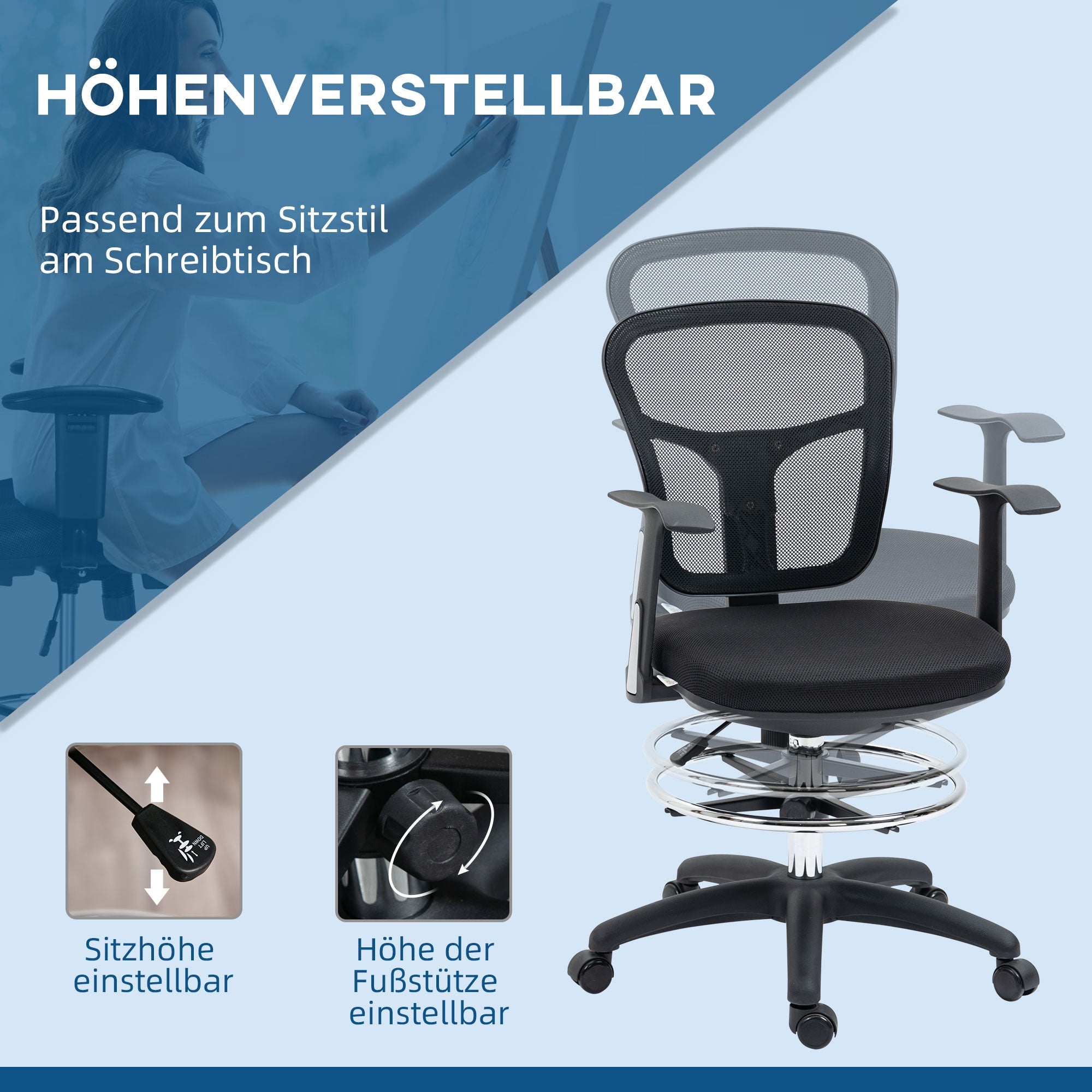 Vinsetto Office Chair Ergonomic Computer Chair with Armrest & Footrest Mesh Black