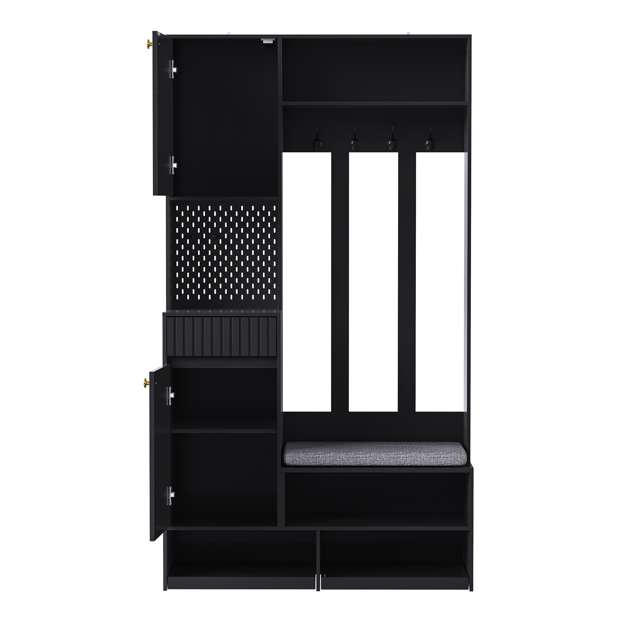 Wardrobe set complete hallway wardrobe set with bench, 4 hooks, doors & drawers - black