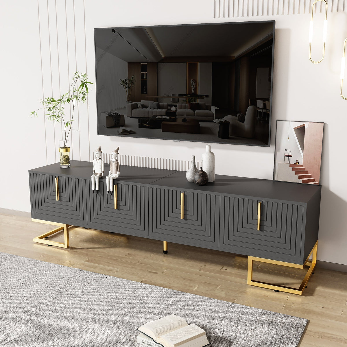TV Lowboard Textured Door Gold Handles Gold Feet