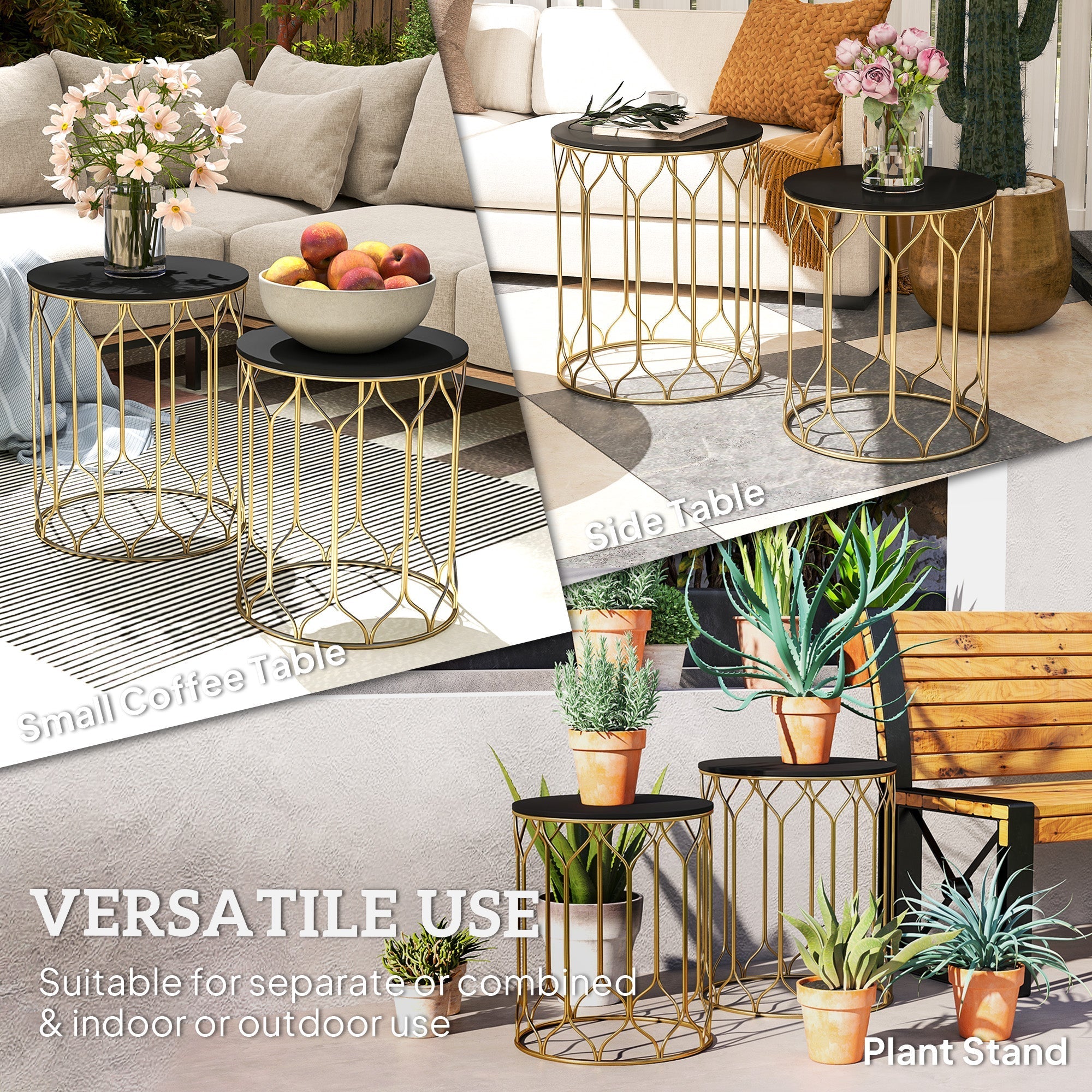 Round Coffee Table Set of 2, Modern Nesting Tables with Ceramic Tile Top and Metal Frame, Black
