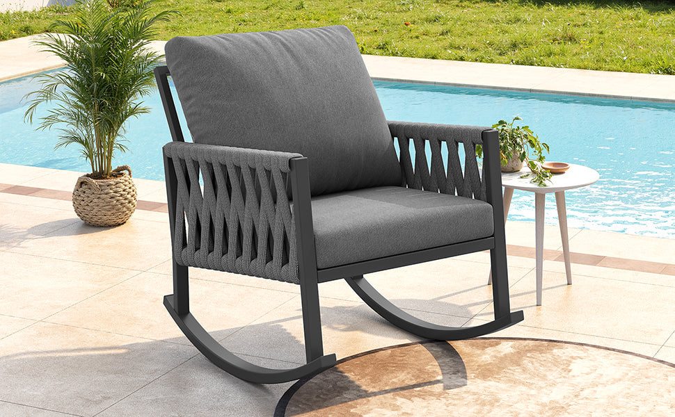 Outdoor Rocking Chair with Cross-Rope Weaving and Weatherproof Metal Frame, Metal and Rope
