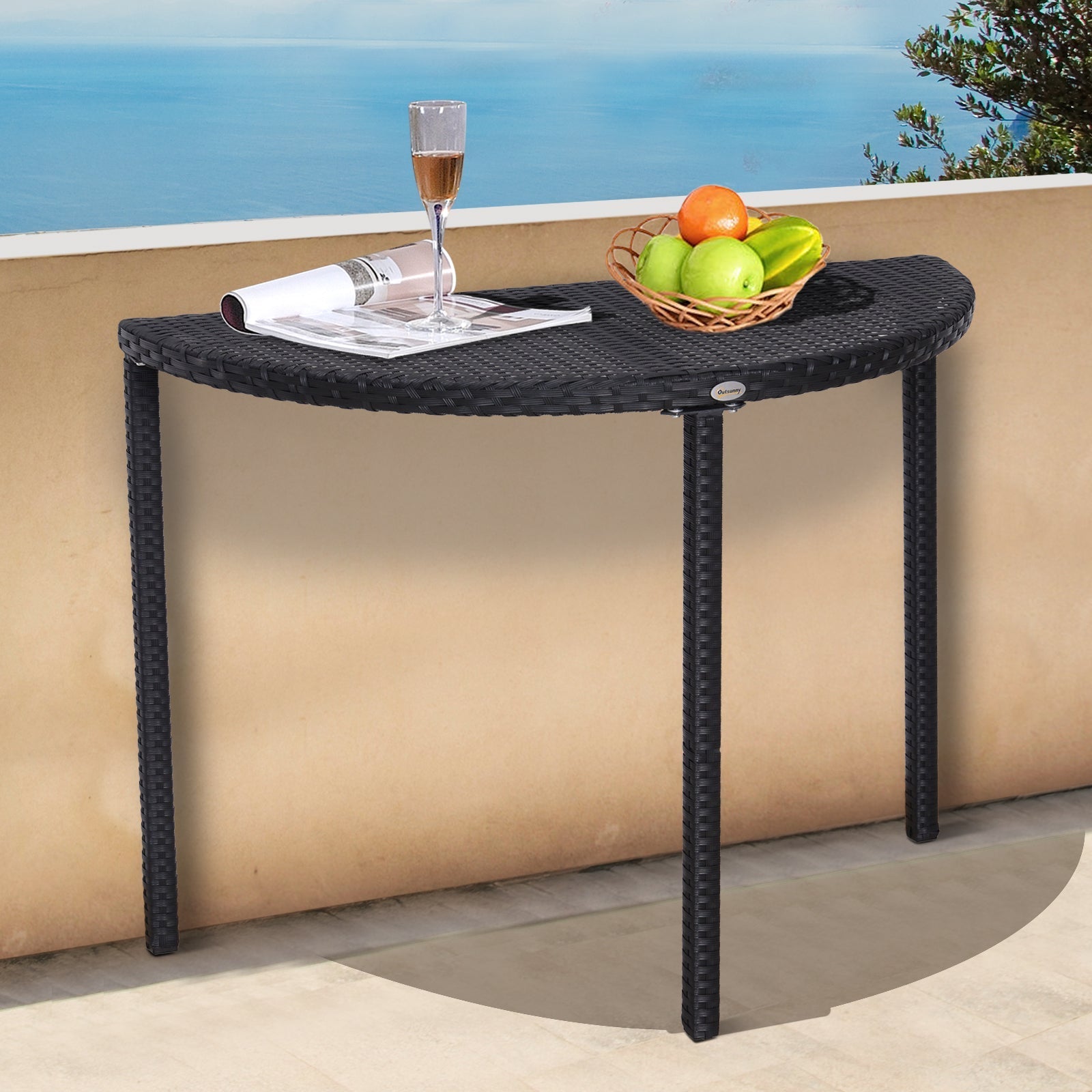 Semi-circular Balcony/Garden Side Table 100x50x74cm Polyrattan and Metal, Black