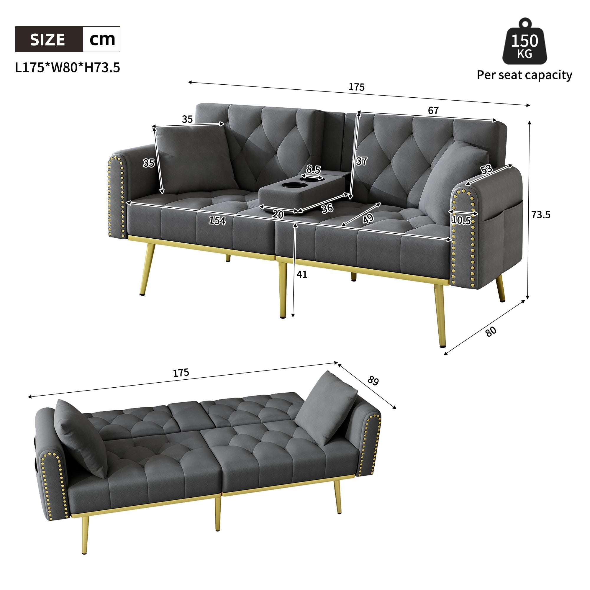 Double Fold-Out Sofa Bed Reclining 3-Position with Cup Holders Fabric Gray