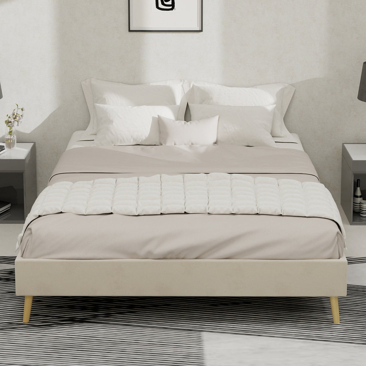 Modern Minimalist Bed Frame, 140x200CM Low Box, Beige Dutch Velvet