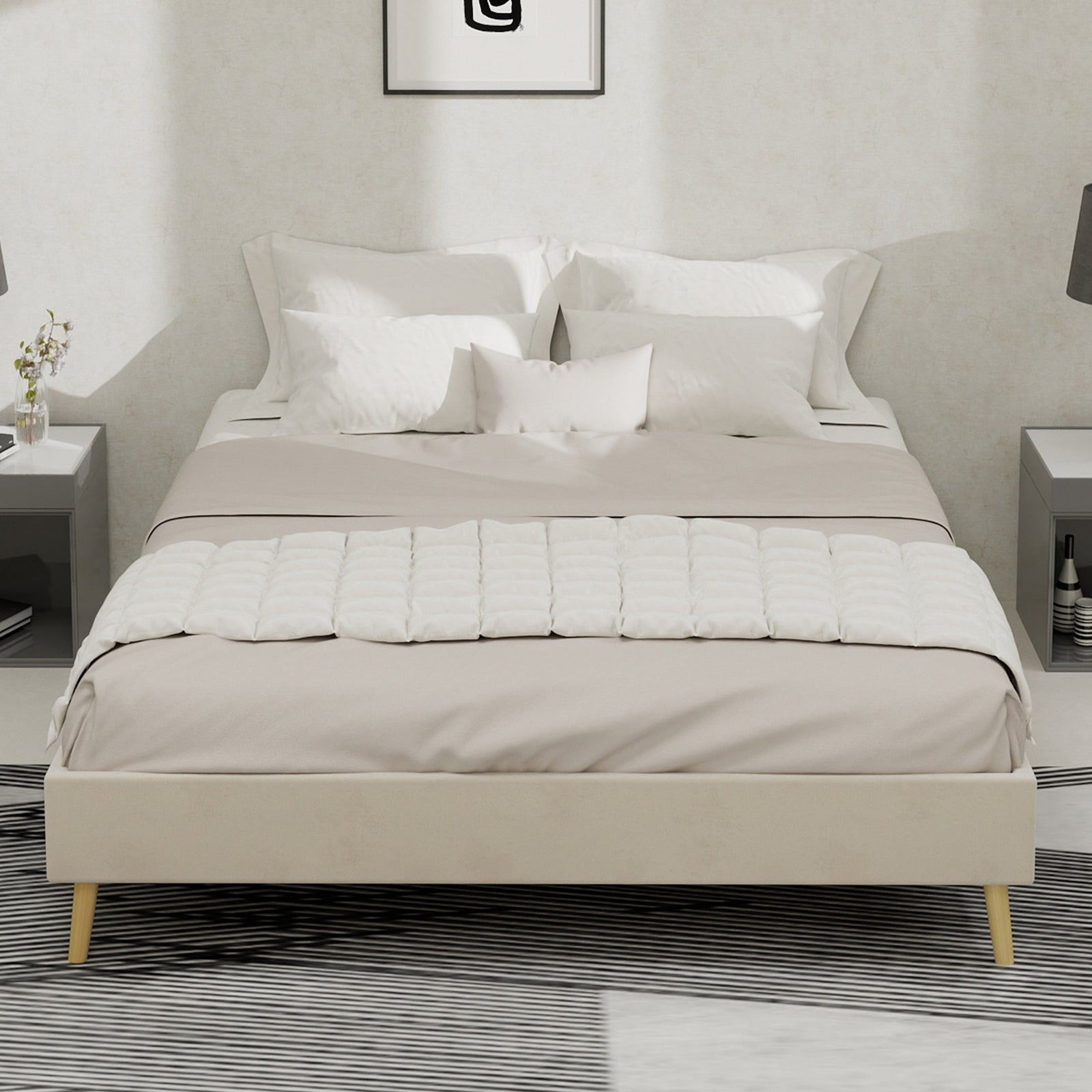 Modern Minimalist Bed Frame, Low Box 140x200cm, Beige Dutch Velvet