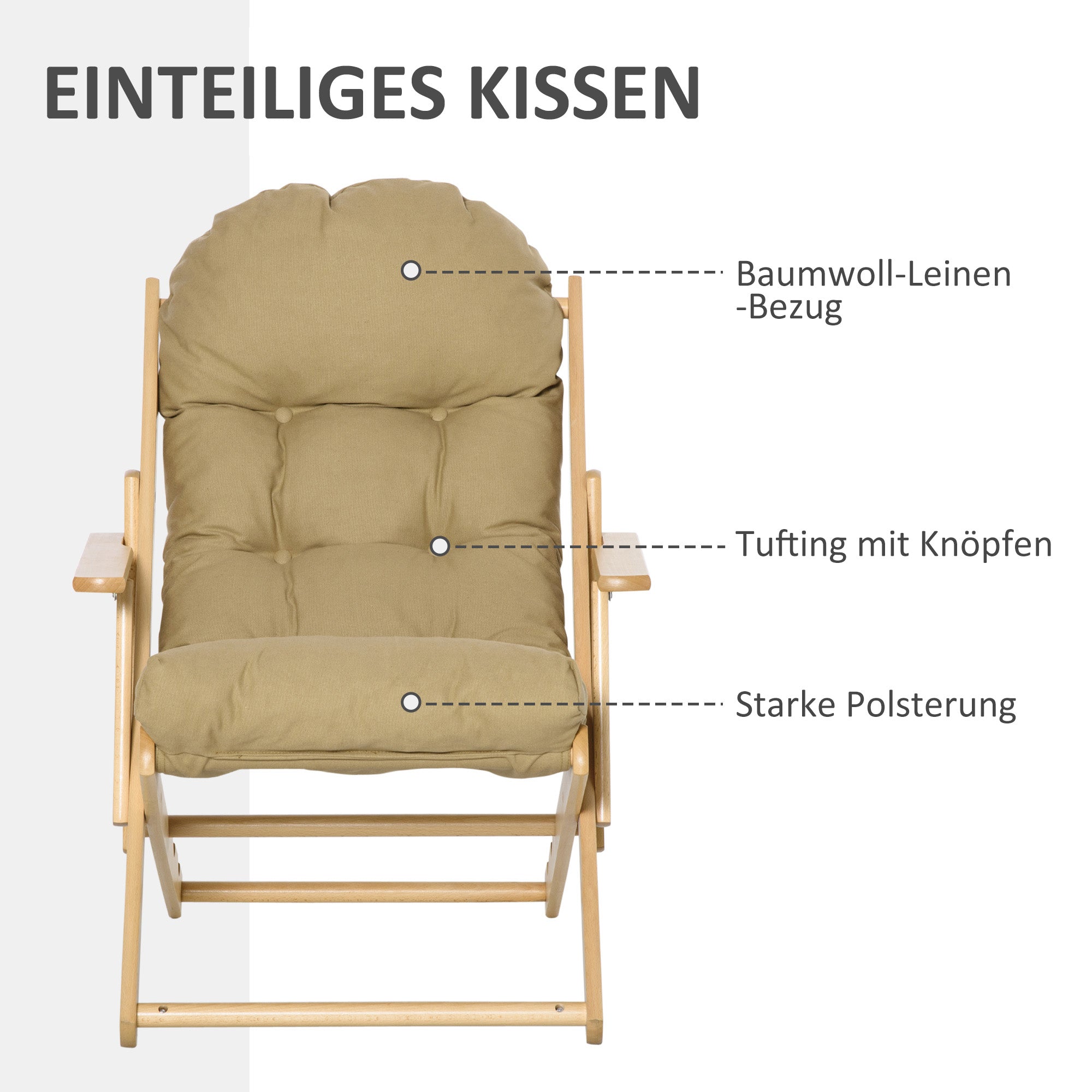 Reclining Armchair, Folding Upholstered Lounge Chair, Beech Wood, Brown