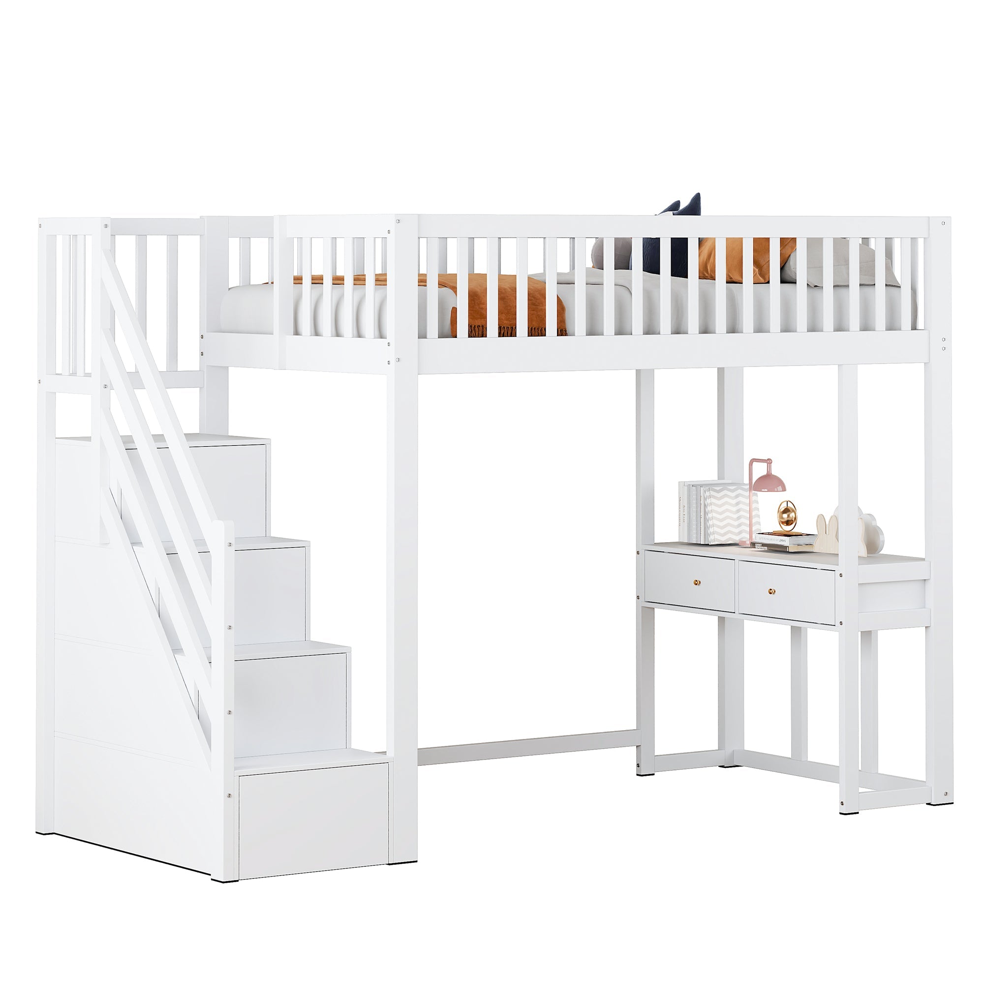 Loft Bed with Multifunctional Table and Storage Stairs, 90x200cm, White Pine Wood
