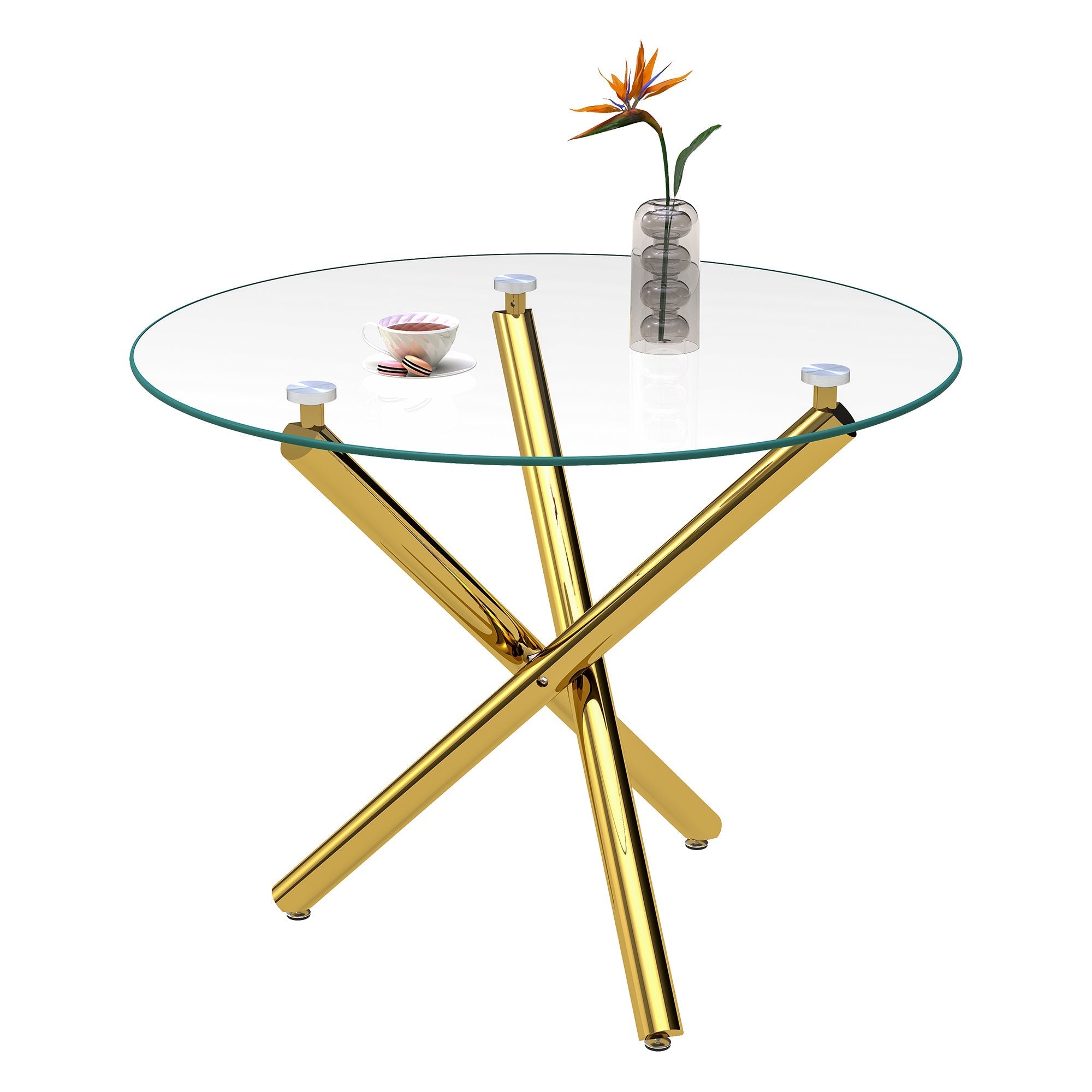Round Dining Table Tempered Glass Top Gold Legs 80x80cm