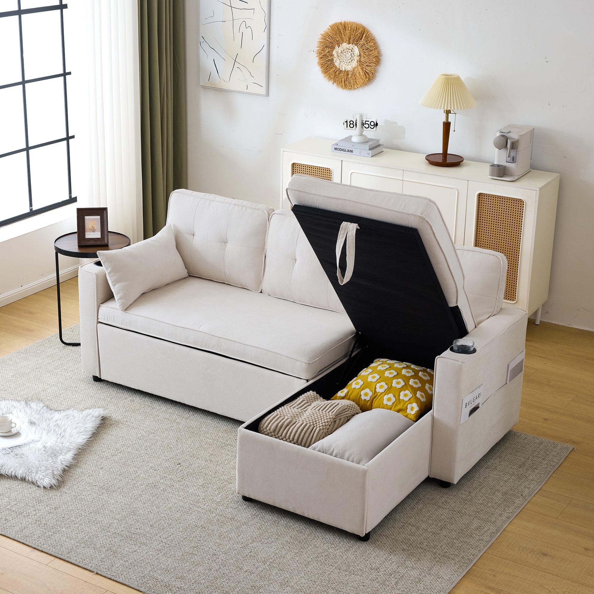 3-in-1 Convertible Sofa Bed with Storage Chaise, L-Shaped Sectional Daybed, Beige