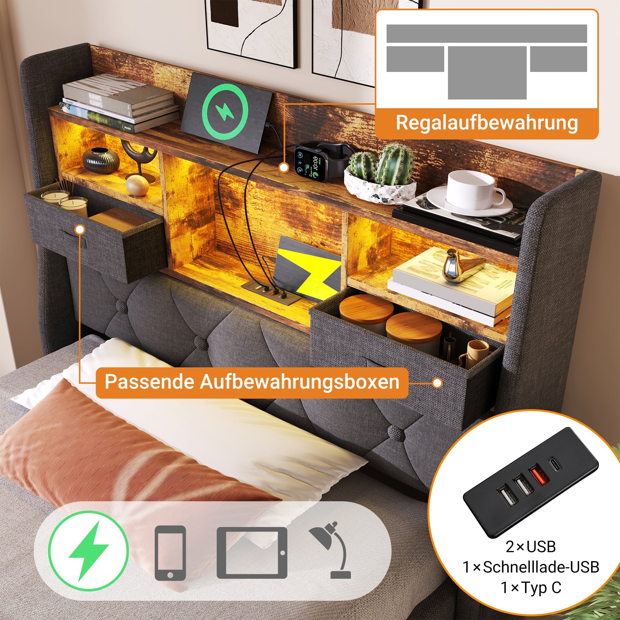 Upholstered Single Bed 90x200cm Hydraulic Storage LED Headboard USB/Type-C Charging, Grey Linen Fabric