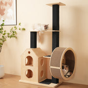 Solid Wood Cat Tree with Exercise Wheel, 4 Platforms, 2 Houses, Sisal Posts, 80×40×152 cm