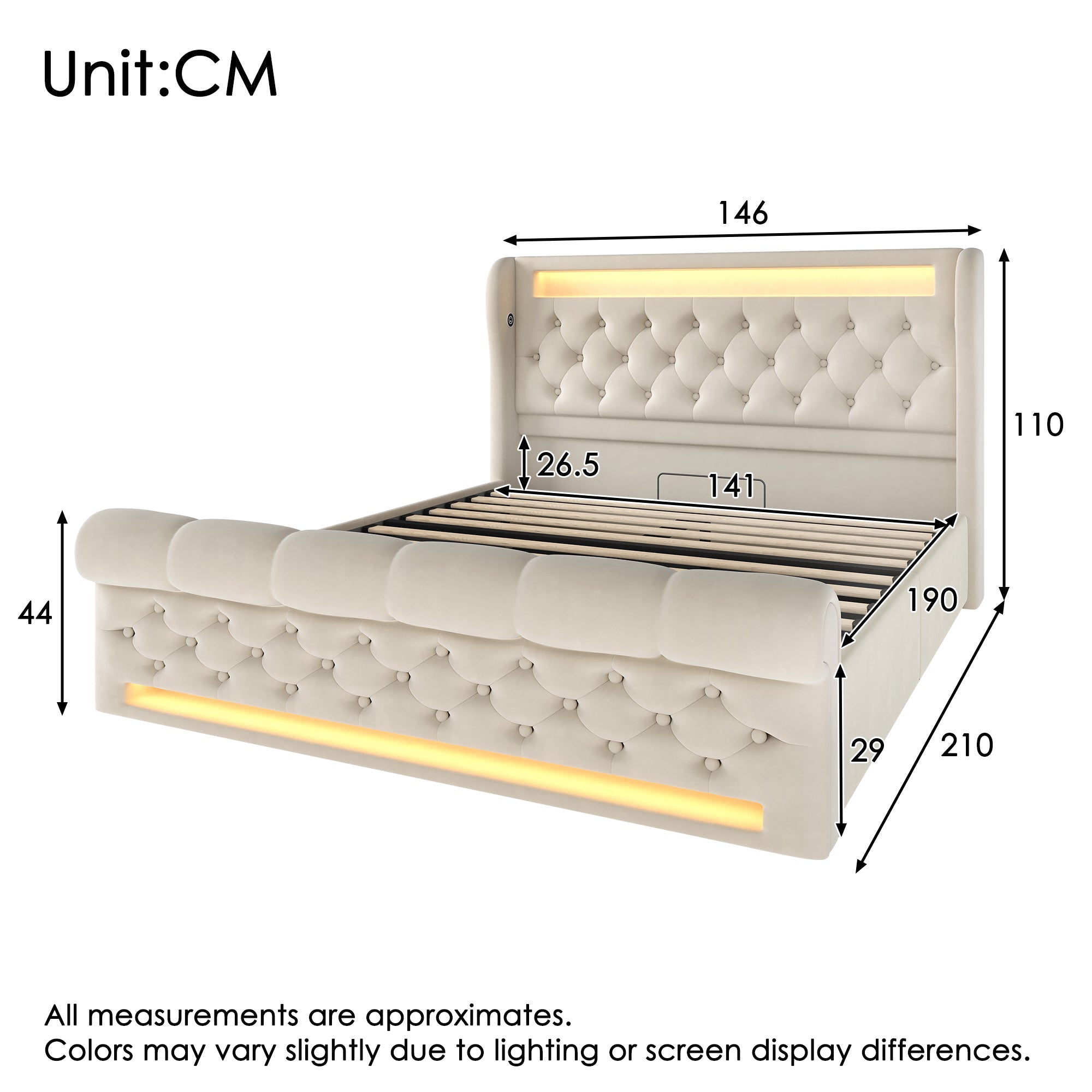 Upholstered Double Bed with LED, USB, Type-C and Hydraulic Storage, 140x190cm, Beige Velvet