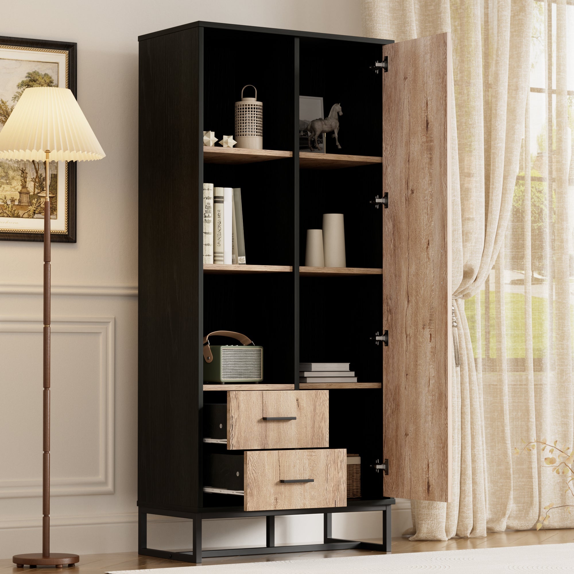 Highboard Cabinet with Door, 2 Drawers & 3 Open Compartments, Wood Look & Black Frame