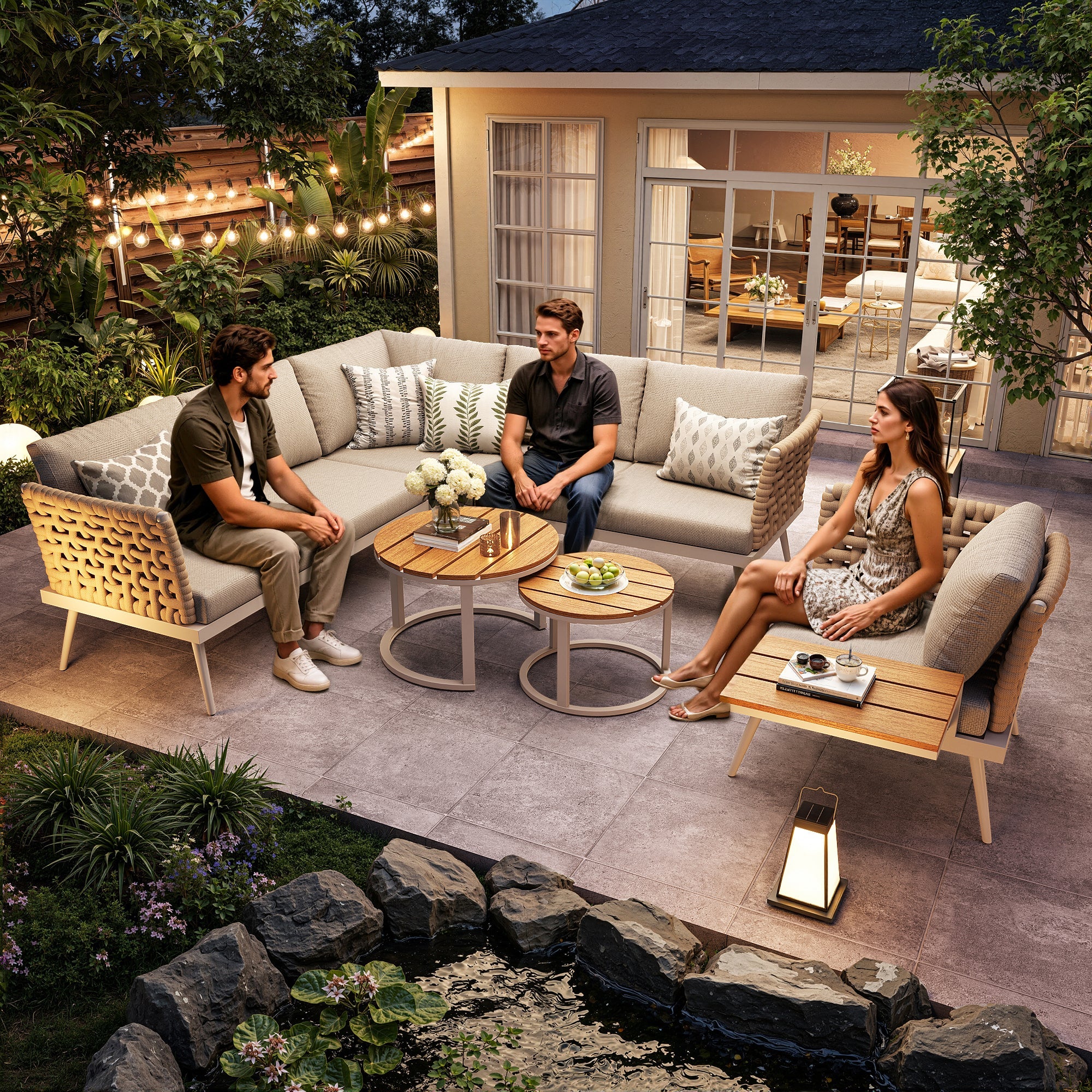 Six-Seater L-Shaped Garden Sofa Set with Hand-Woven Armrests and Coffee Tables, Grey and Beige