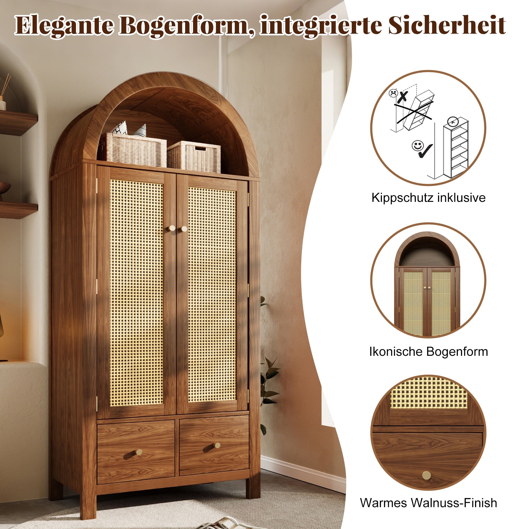 Wardrobe with Rattan Weave and 2 Drawers, Walnut Look