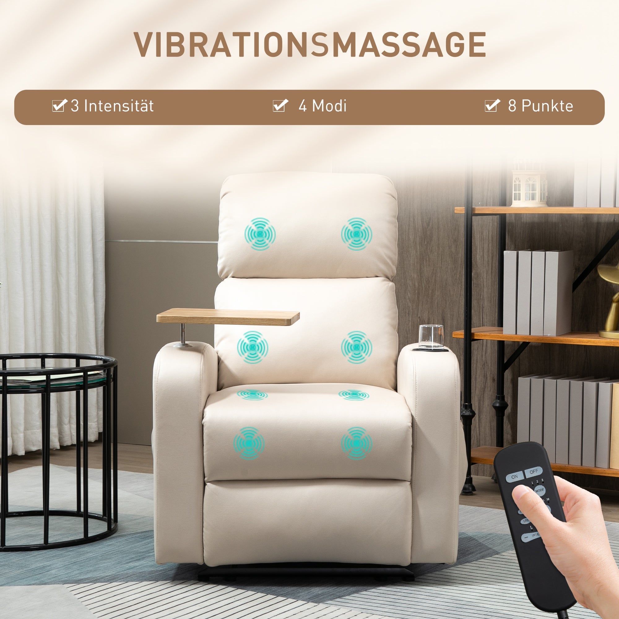 Reclining Armchair, Massage Swivel Table Remote Control, Microfiber Beige
