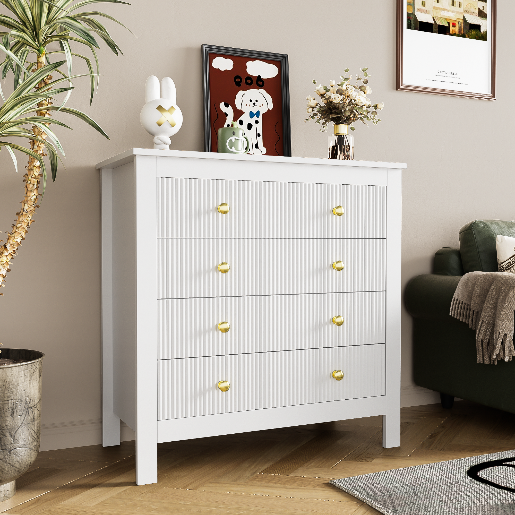 Sideboard, chest of drawers with special doors, gold handles